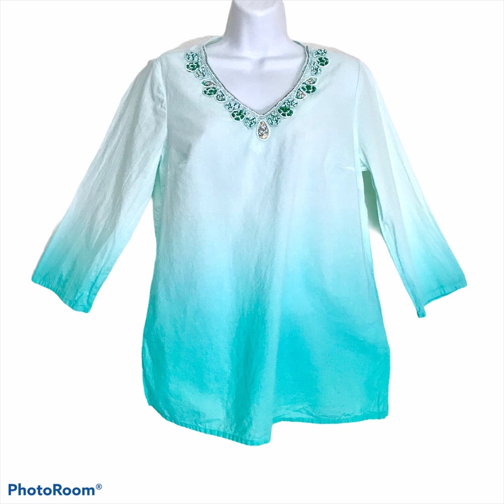 🔵 Beaded Turquoise Small Blouse 100% Cotton Blouse